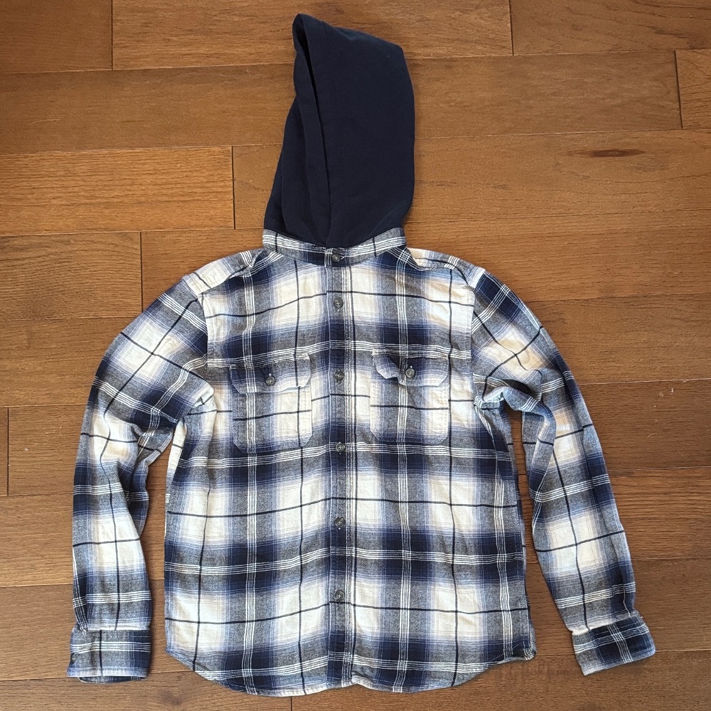 Old Navy Navy and White Plaid Button-Up Shirt with Hood